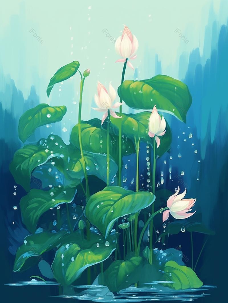 夏季夏天夏至下雨雨季水滴水塘池塘荷塘荷花荷叶莲花浮萍绿色插画,插画/手绘图,插画/手绘图库,插画/手绘图下载,插画/手绘